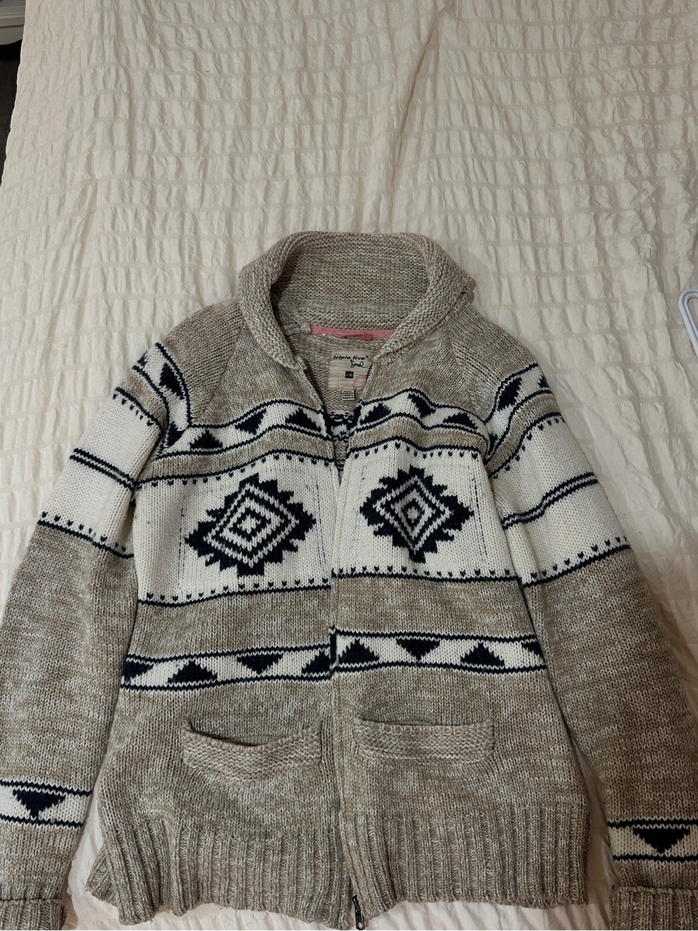 Triple Five Soul Beige & Navy Knit Zip Sweater